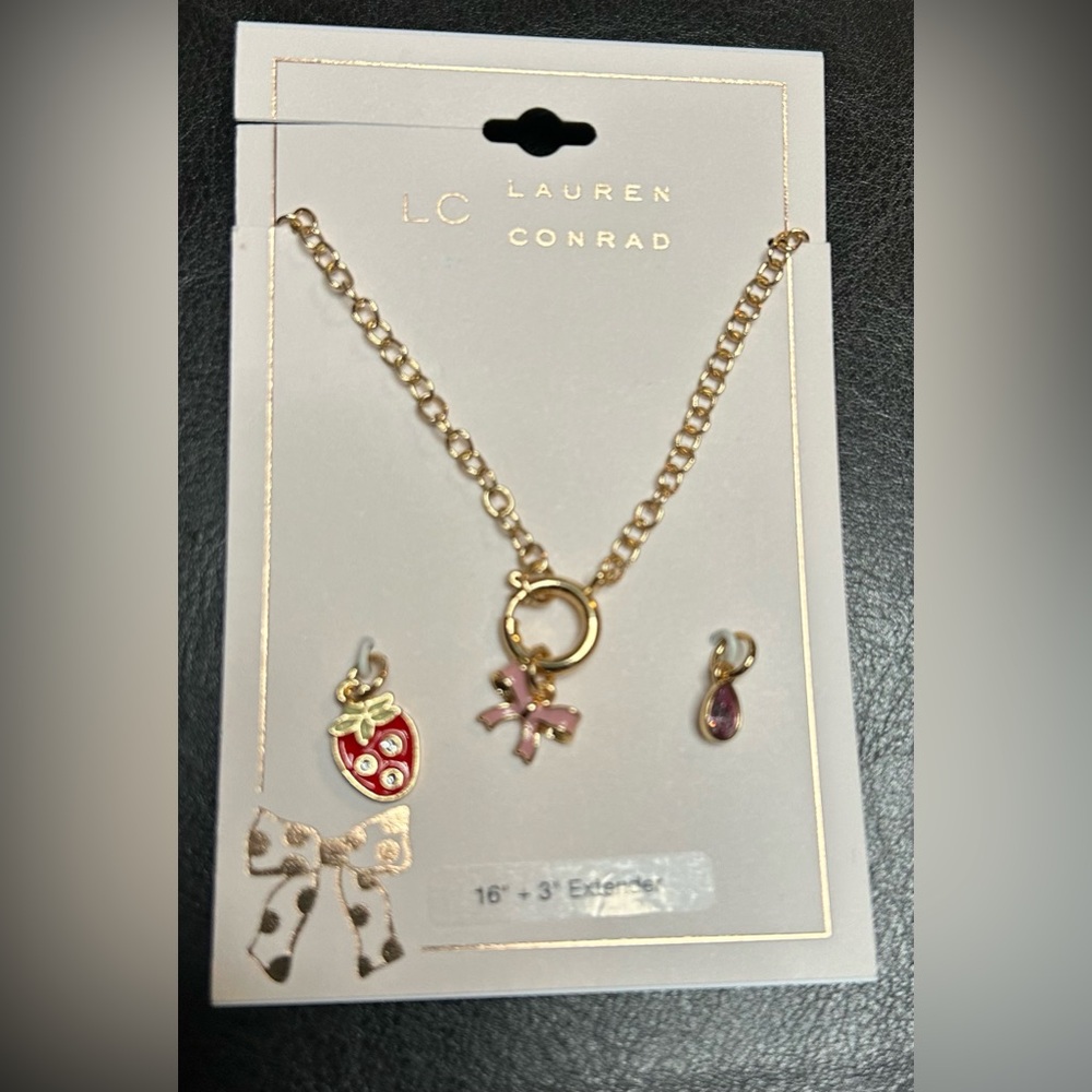 LC Lauren Conrad Gold Chain Necklace with Pink Bow and Red Strawberry Charms
